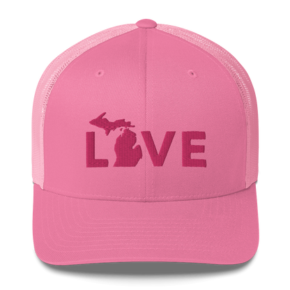 Michigan 'Love' Trucker Hat (Geometric Sans Font) | Pink Embrodiery