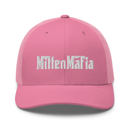 Michigan 'MittenMafia' Trucker Hat (Gangster Font) White/Black Embroidery