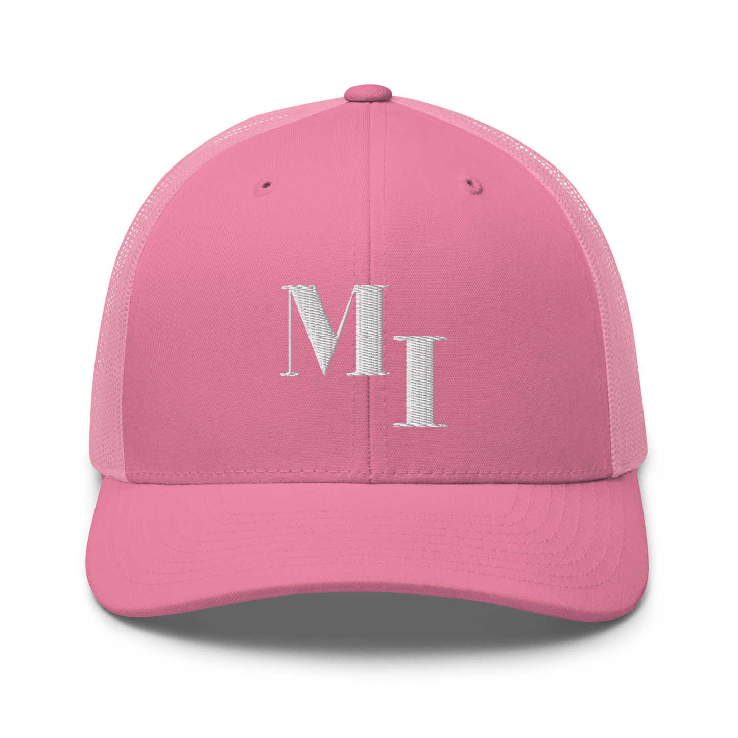 Michigan 'MI' Trucker Hat (Didone Logotype) | White/Navy Embroidery