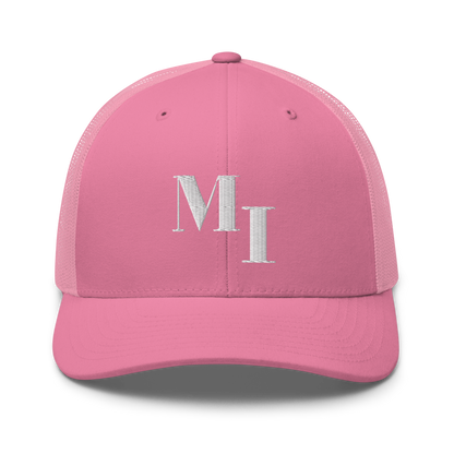 Michigan 'MI' Trucker Hat (Didone Logotype) | White/Navy Embroidery