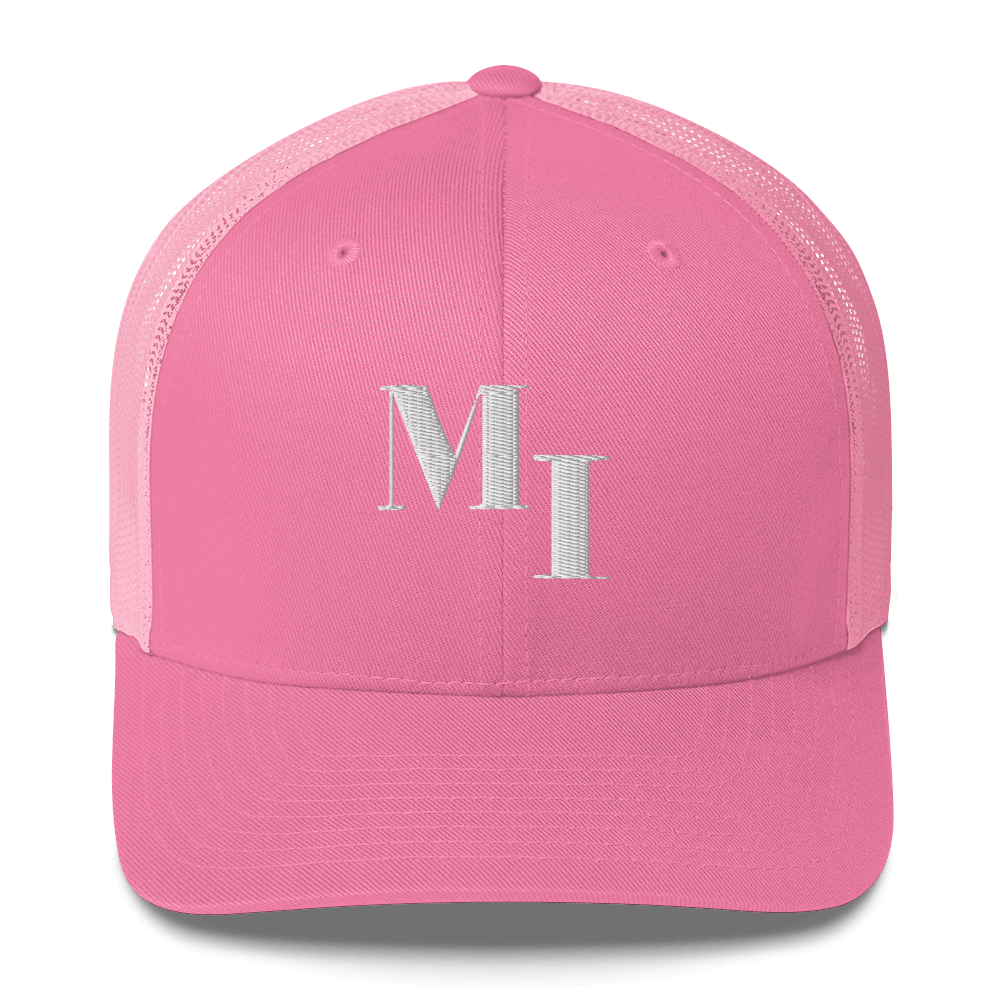 Michigan 'MI' Trucker Hat (Didone Logotype) | White/Navy Embroidery