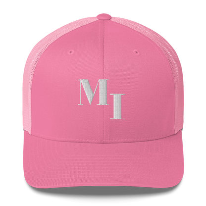 Michigan 'MI' Trucker Hat (Didone Logotype) | White/Navy Embroidery