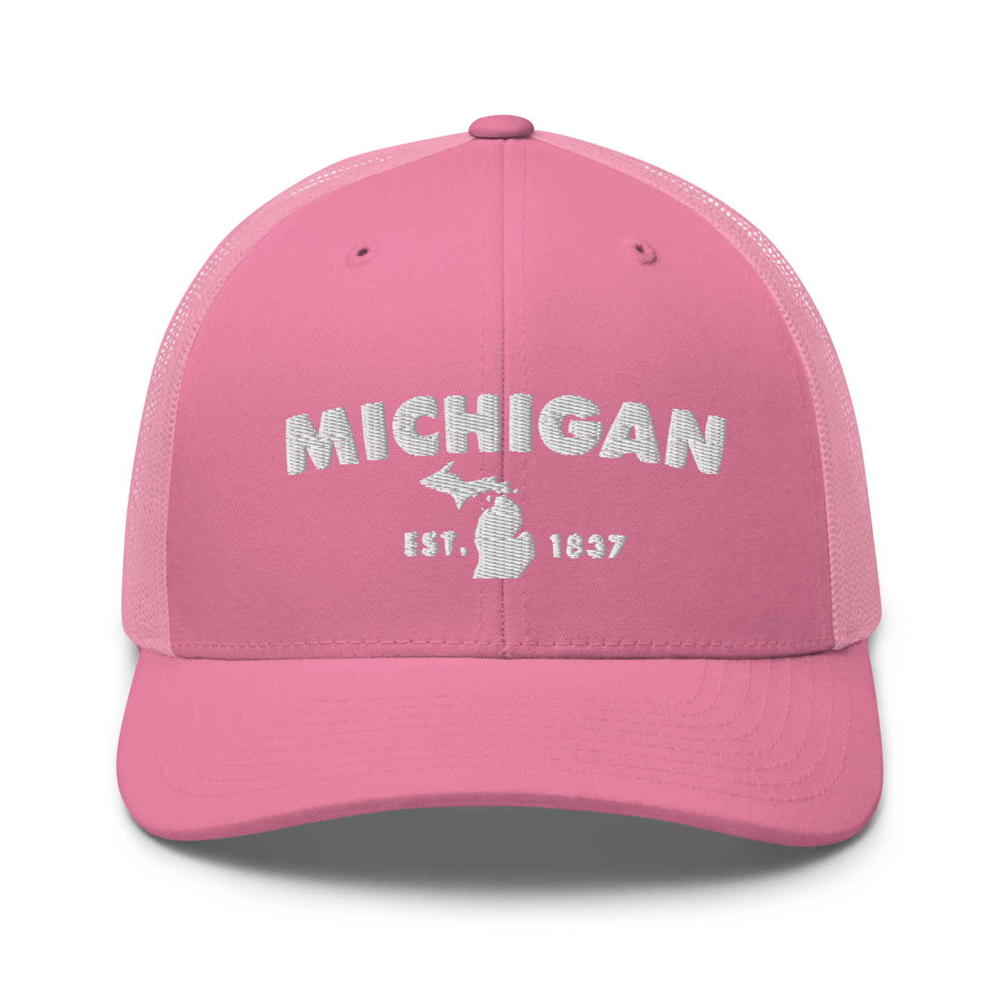 'Michigan EST 1837' Trucker Hat (Geometric Sans Font)