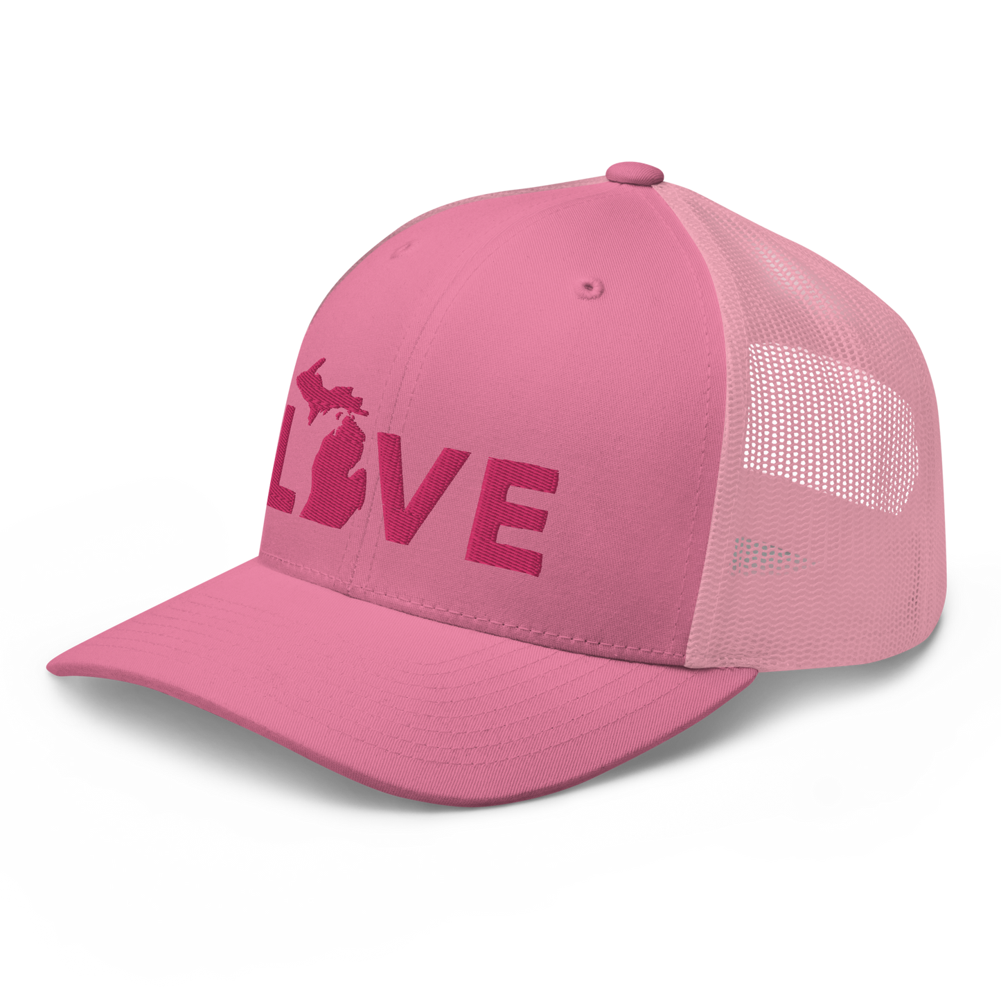 Michigan 'Love' Trucker Hat (Geometric Sans Font) | Pink Embrodiery