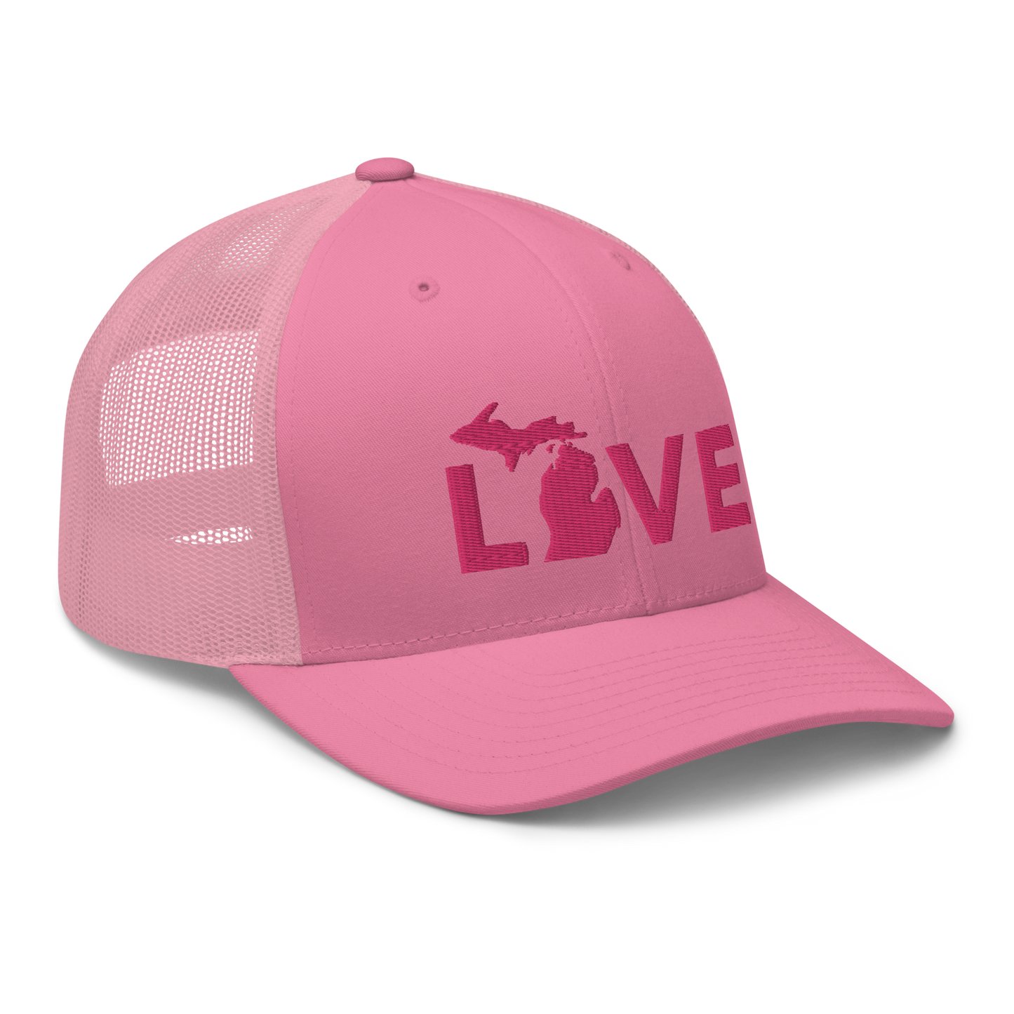 Michigan 'Love' Trucker Hat (Geometric Sans Font) | Pink Embrodiery