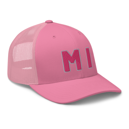 Michigan 'MI' Trucker Hat (1940s Baseball Font) | Pink Embroidery