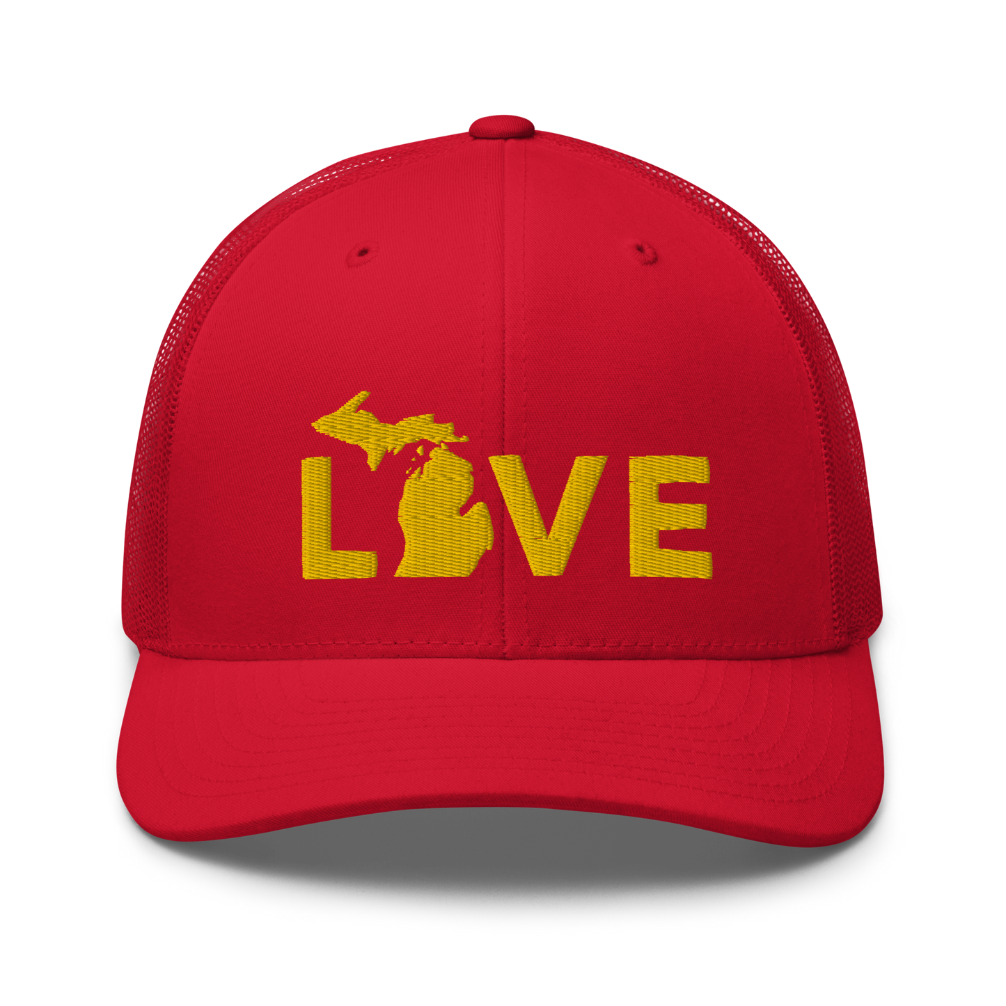 Michigan 'Love' Trucker Hat (Geometric Sans Font) | Gold Embroidery