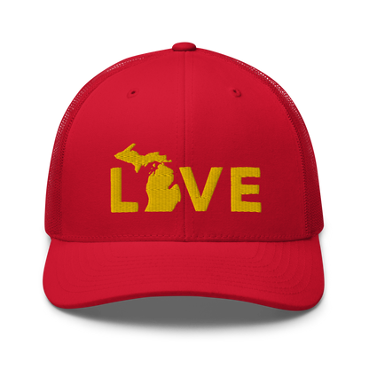 Michigan 'Love' Trucker Hat (Geometric Sans Font) | Gold Embroidery