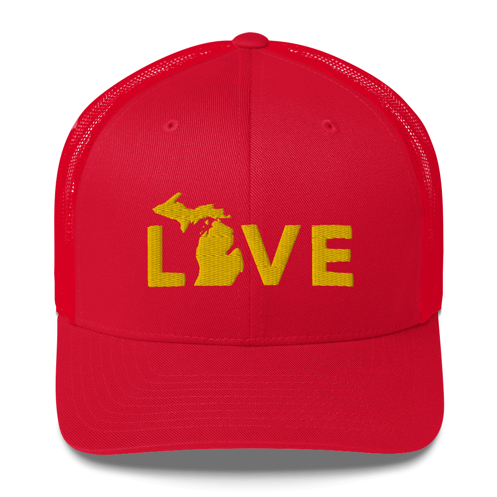 Michigan 'Love' Trucker Hat (Geometric Sans Font) | Gold Embroidery