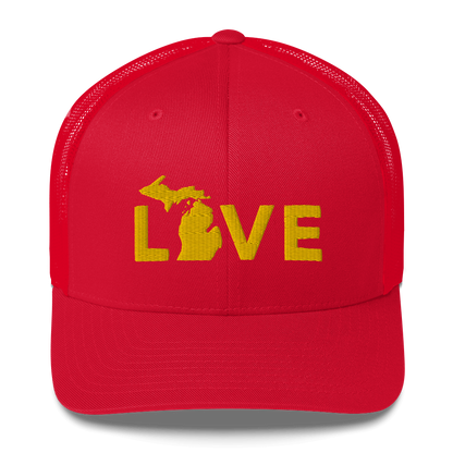 Michigan 'Love' Trucker Hat (Geometric Sans Font) | Gold Embroidery