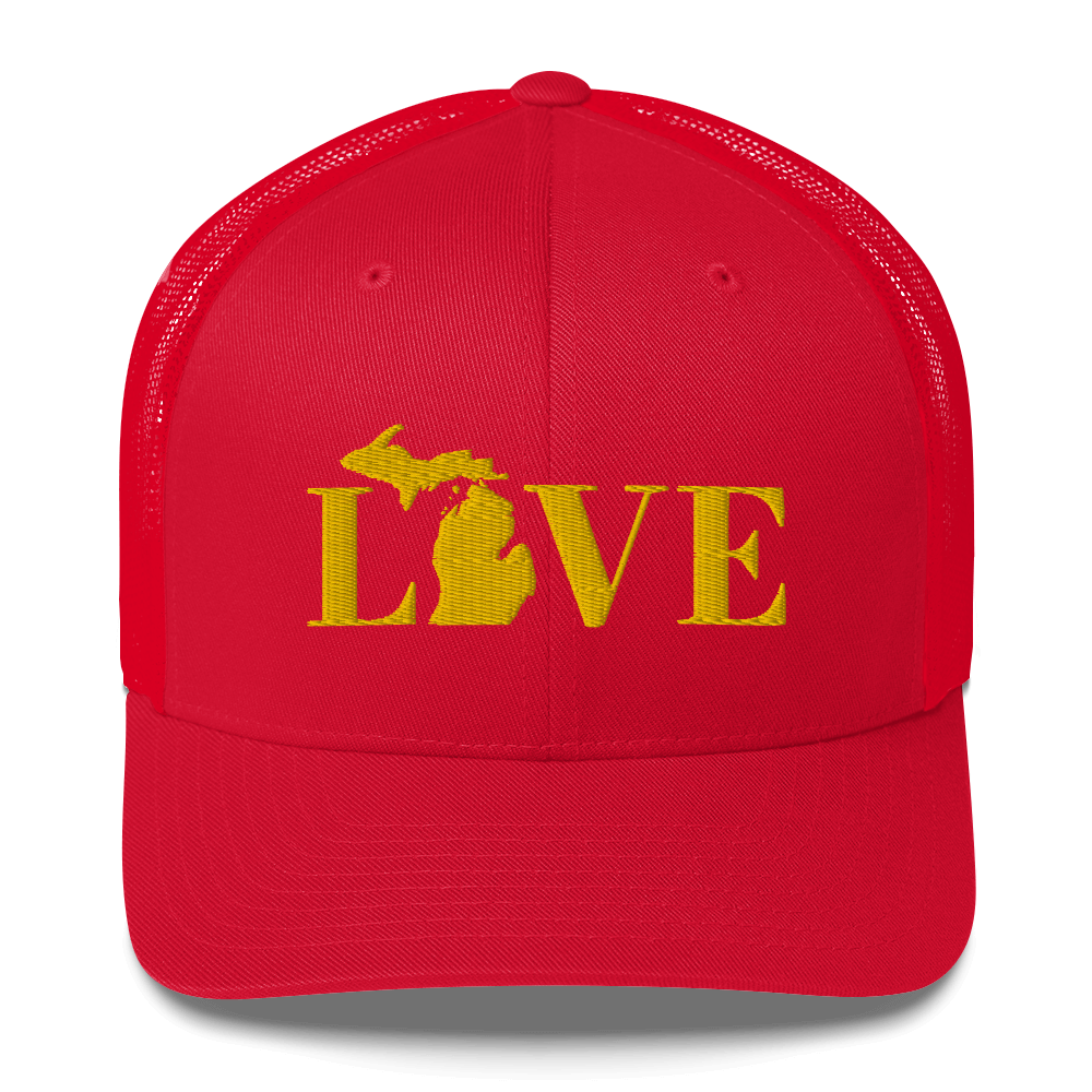 Michigan 'Love' Trucker Hat (Didone Font) | Gold Embroidery