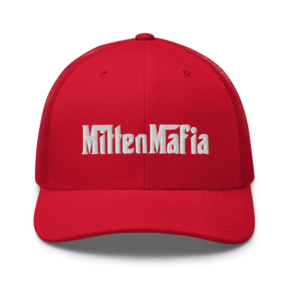 Michigan 'MittenMafia' Trucker Hat (Gangster Font) White/Black Embroidery