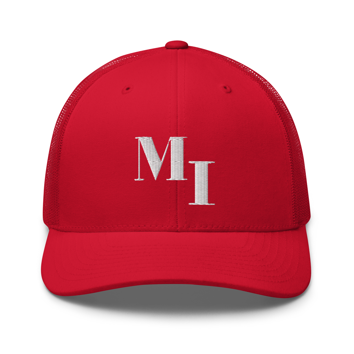 Michigan 'MI' Trucker Hat (Didone Logotype) | White/Navy Embroidery