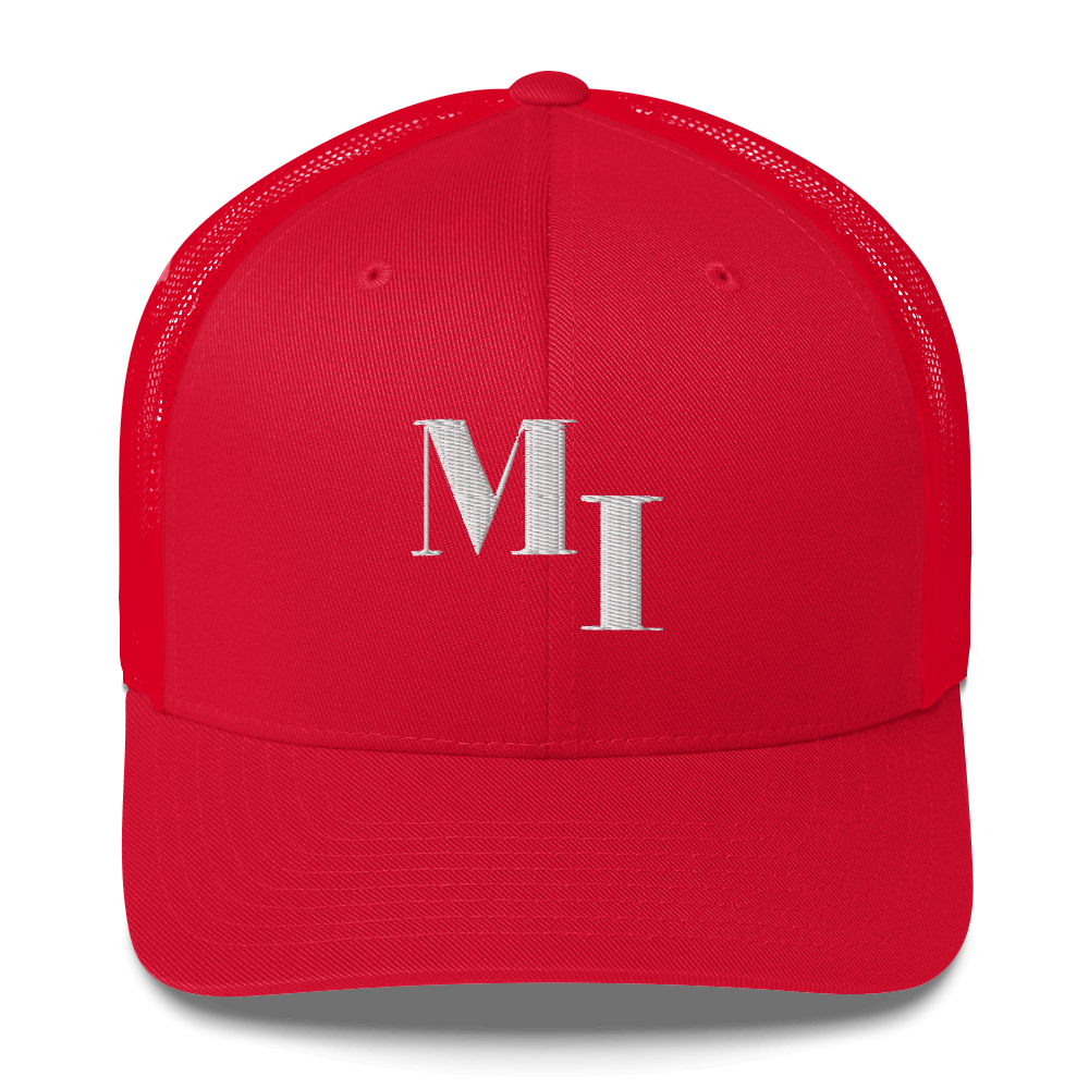 Michigan 'MI' Trucker Hat (Didone Logotype) | White/Navy Embroidery