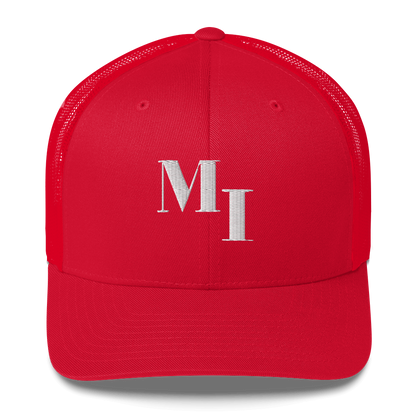 Michigan 'MI' Trucker Hat (Didone Logotype) | White/Navy Embroidery