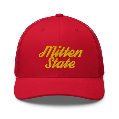 Michigan 'Mitten State' Trucker Hat (Script Font) | Gold Embroidery