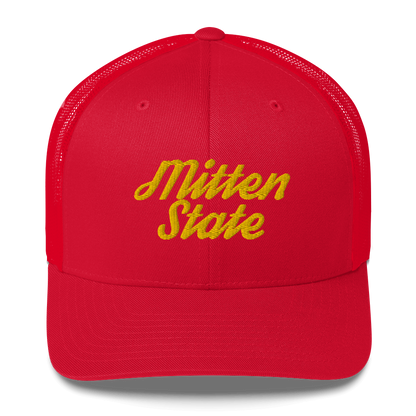 Michigan 'Mitten State' Trucker Hat (Script Font) | Gold Embroidery