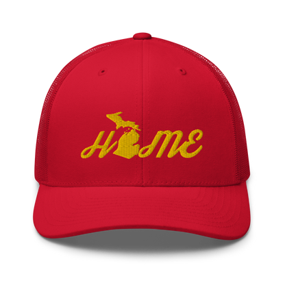 Michigan 'Home' Trucker Hat (Script Font) | Gold Embroidery