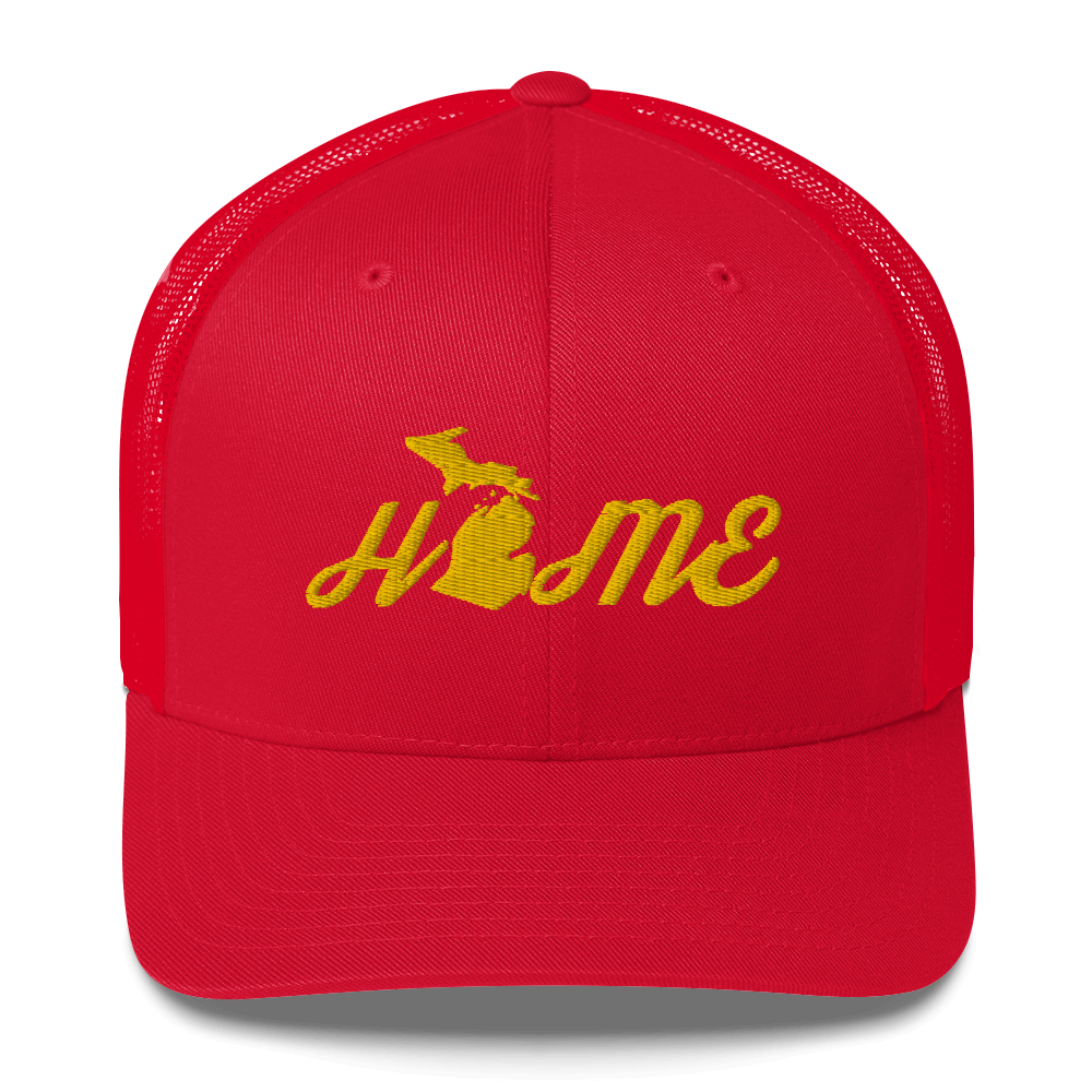 Michigan 'Home' Trucker Hat (Script Font) | Gold Embroidery