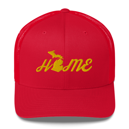 Michigan 'Home' Trucker Hat (Script Font) | Gold Embroidery