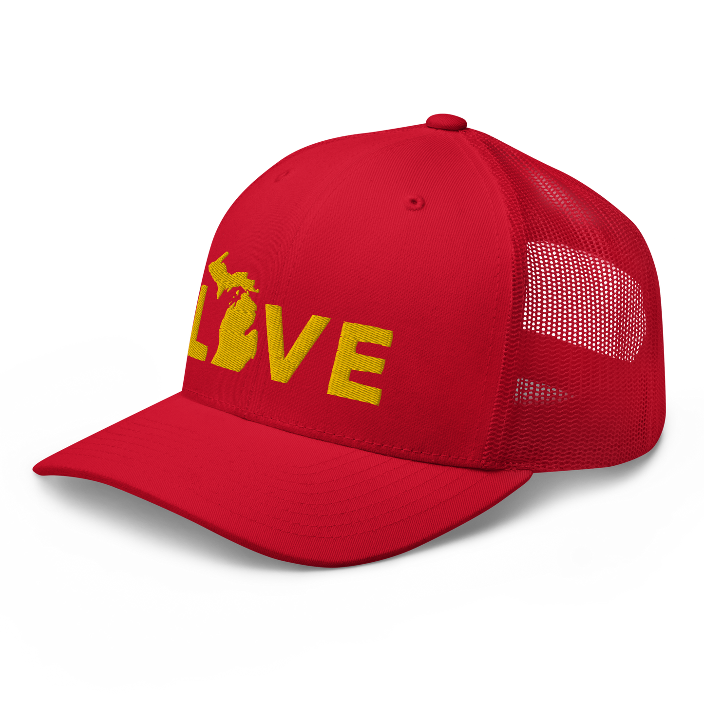 Michigan 'Love' Trucker Hat (Geometric Sans Font) | Gold Embroidery