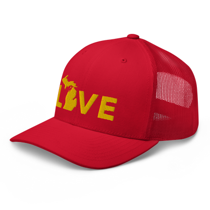 Michigan 'Love' Trucker Hat (Geometric Sans Font) | Gold Embroidery