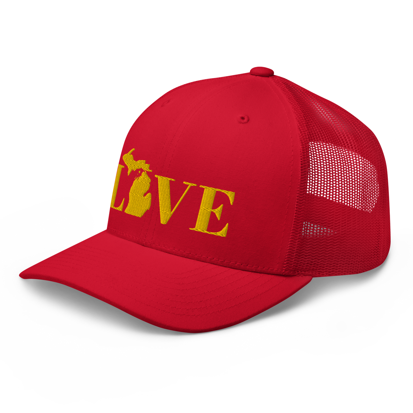 Michigan 'Love' Trucker Hat (Didone Font) | Gold Embroidery