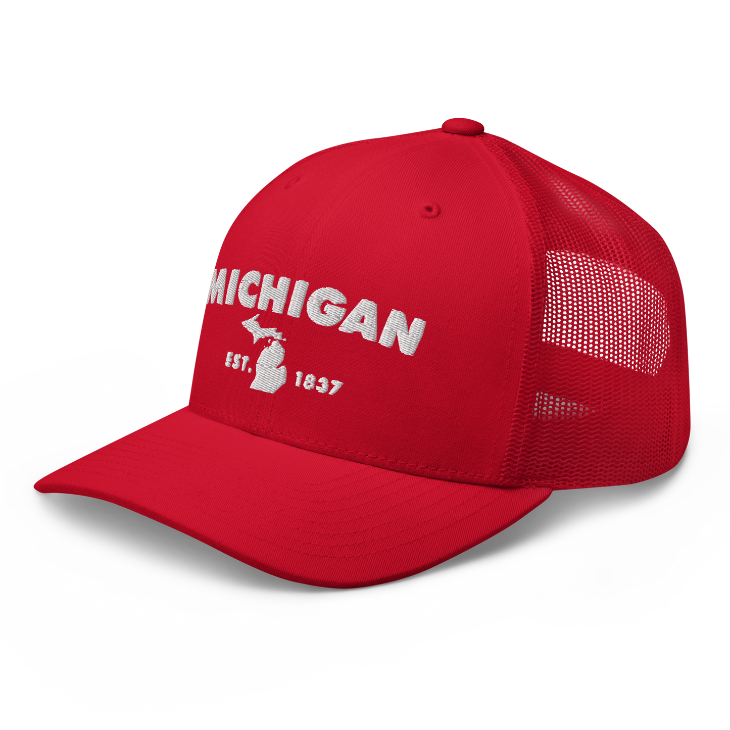 'Michigan EST 1837' Trucker Hat (Geometric Sans Font)