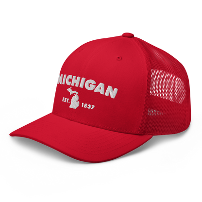 'Michigan EST 1837' Trucker Hat (Geometric Sans Font)