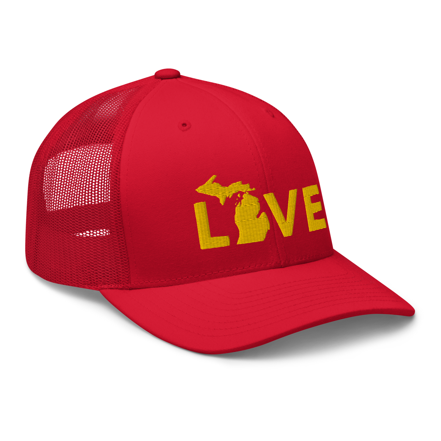 Michigan 'Love' Trucker Hat (Geometric Sans Font) | Gold Embroidery