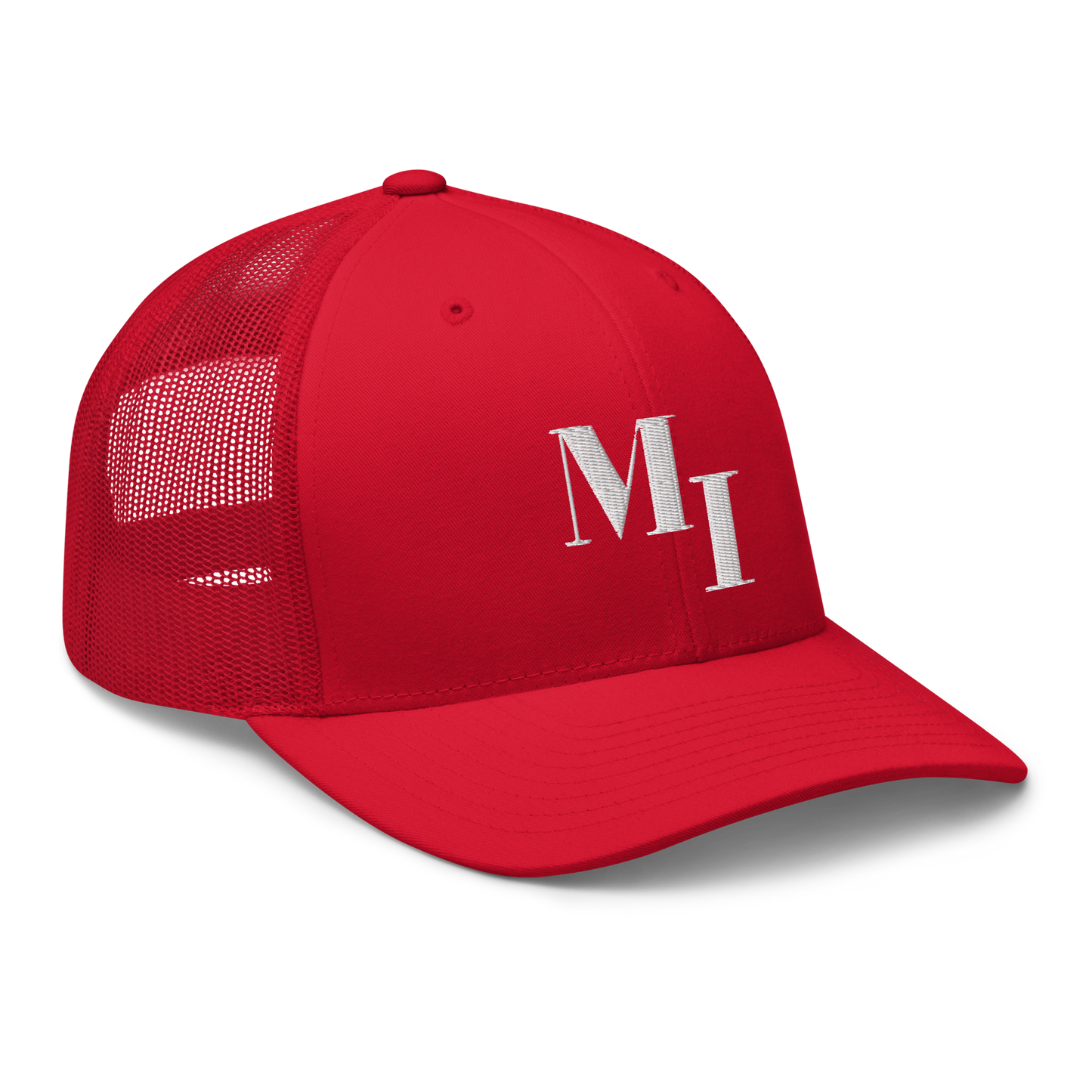 Michigan 'MI' Trucker Hat (Didone Logotype) | White/Navy Embroidery