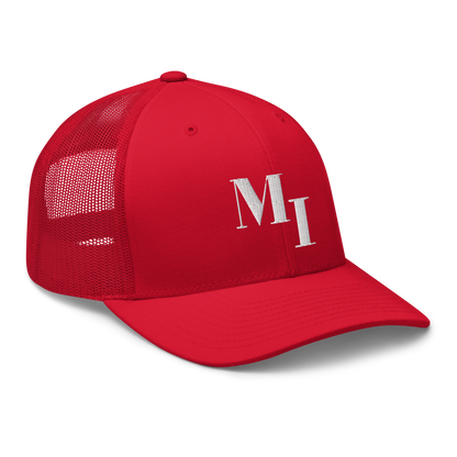 Michigan 'MI' Trucker Hat (Didone Logotype) | White/Navy Embroidery