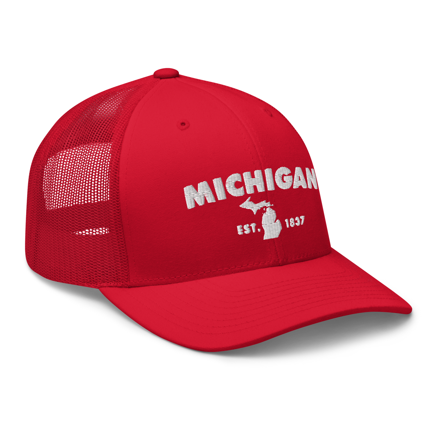 'Michigan EST 1837' Trucker Hat (Geometric Sans Font)