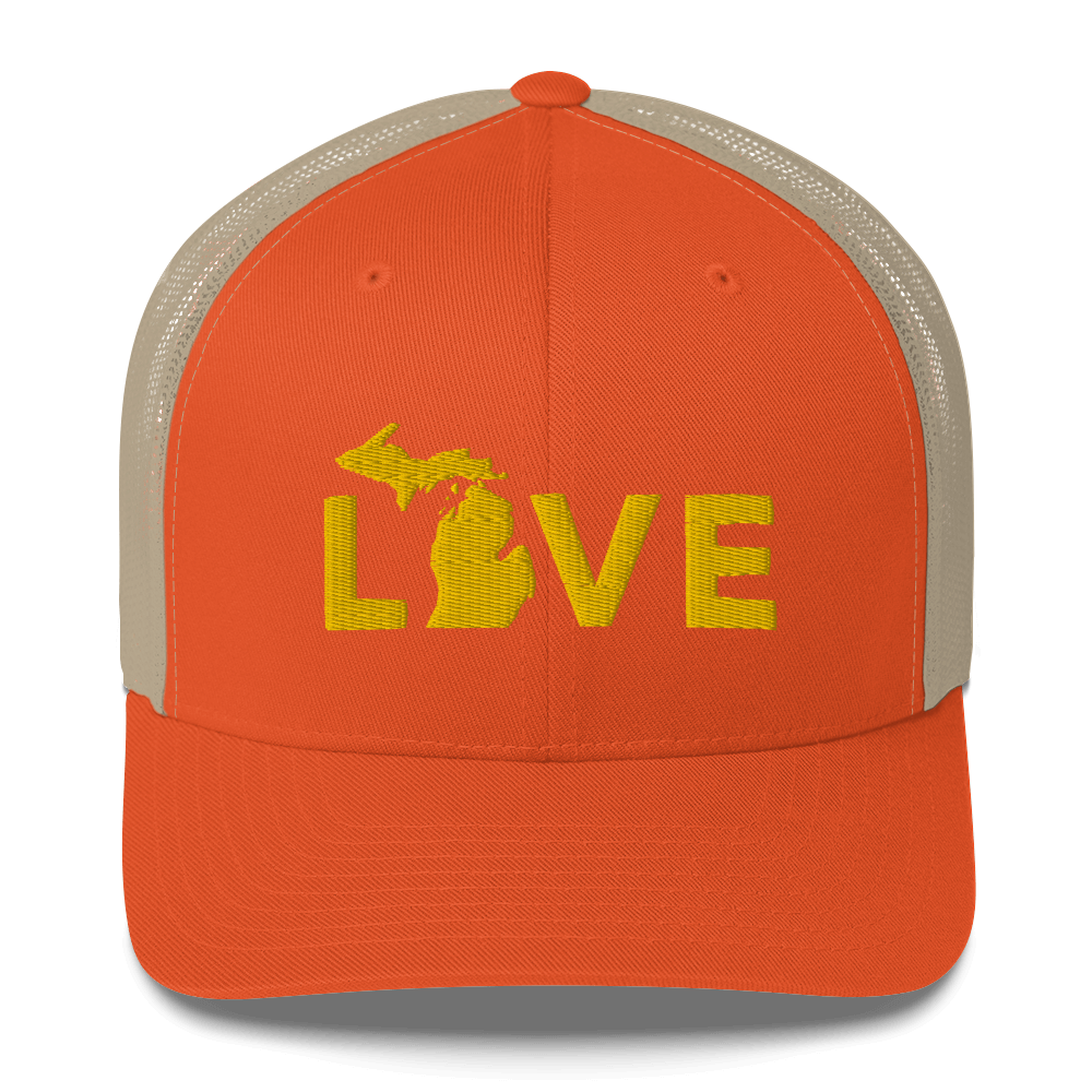 Michigan 'Love' Trucker Hat (Geometric Sans Font) | Gold Embroidery