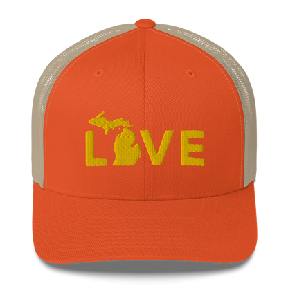 Michigan 'Love' Trucker Hat (Geometric Sans Font) | Gold Embroidery