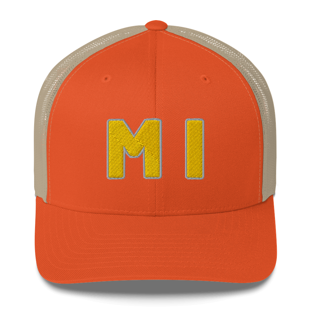 Michigan 'MI' Trucker Hat (1940s Baseball Font) | Gold Embroidery