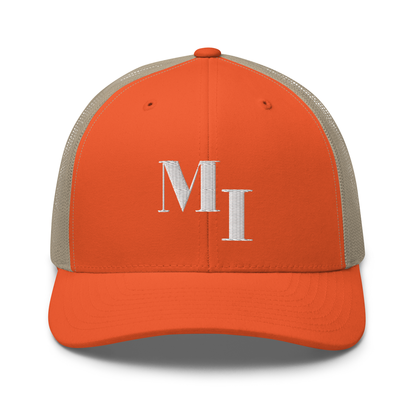 Michigan 'MI' Trucker Hat (Didone Logotype) | White/Navy Embroidery