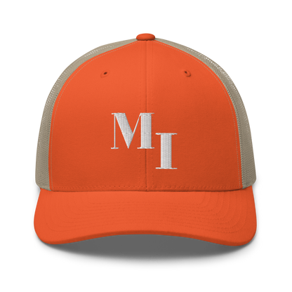 Michigan 'MI' Trucker Hat (Didone Logotype) | White/Navy Embroidery