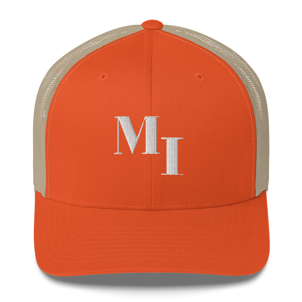 Michigan 'MI' Trucker Hat (Didone Logotype) | White/Navy Embroidery