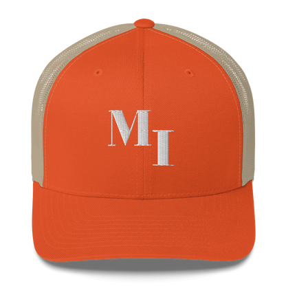 Michigan 'MI' Trucker Hat (Didone Logotype) | White/Navy Embroidery