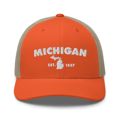 'Michigan EST 1837' Trucker Hat (Geometric Sans Font)