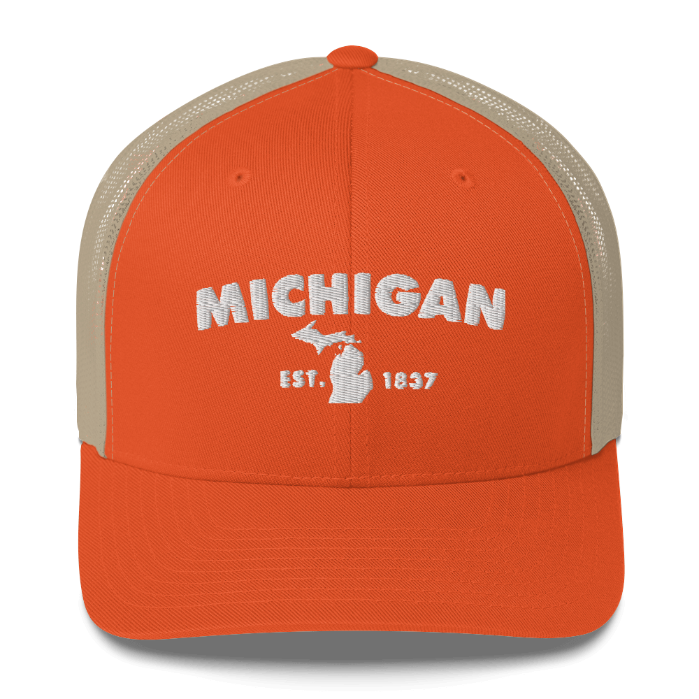 'Michigan EST 1837' Trucker Hat (Geometric Sans Font)