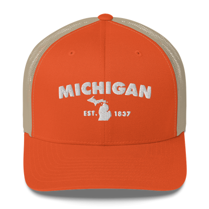 'Michigan EST 1837' Trucker Hat (Geometric Sans Font)