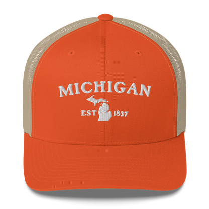 'Michigan EST 1837' Trucker Hat (Woodcut Font)