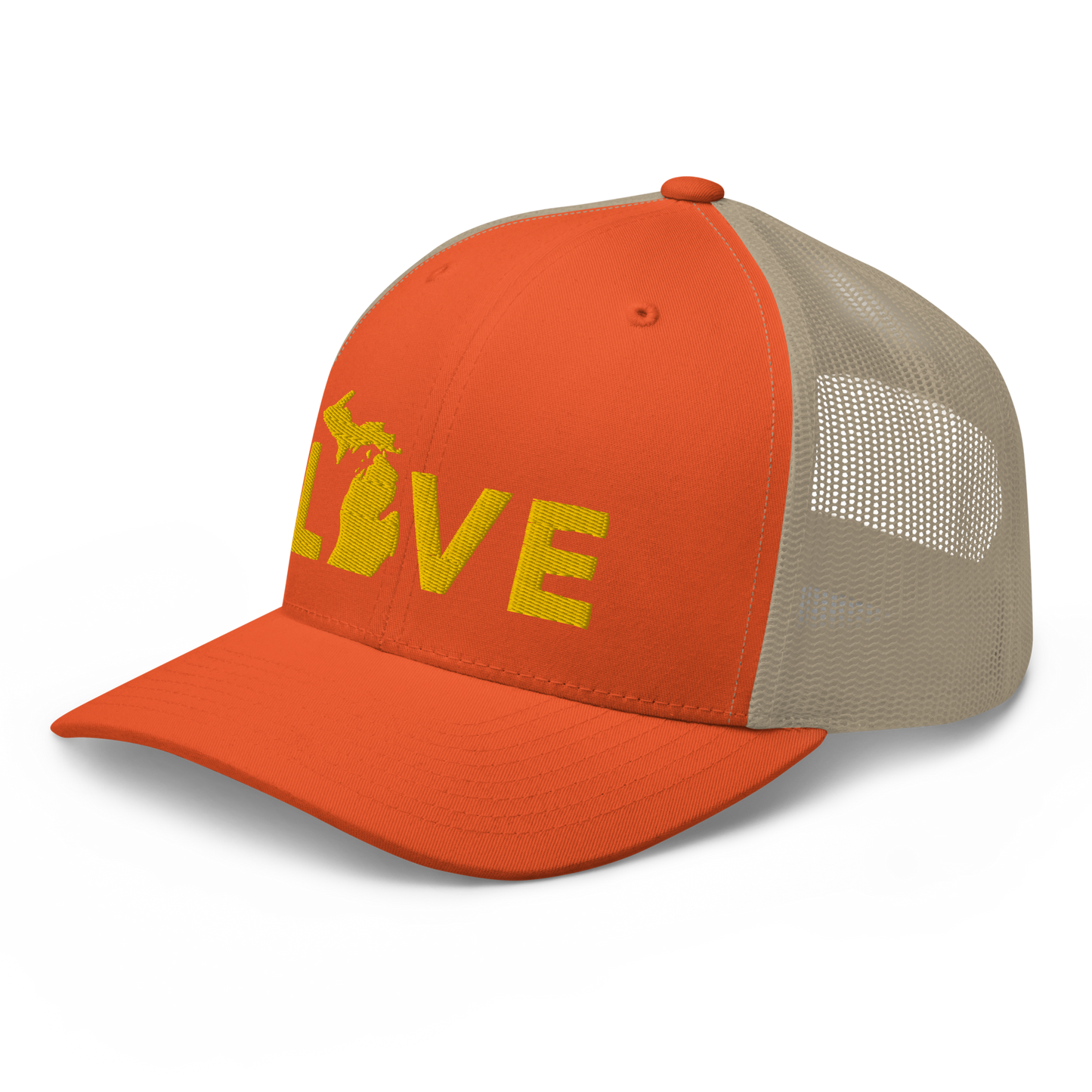 Michigan 'Love' Trucker Hat (Geometric Sans Font) | Gold Embroidery