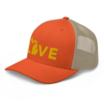 Michigan 'Love' Trucker Hat (Geometric Sans Font) | Gold Embroidery