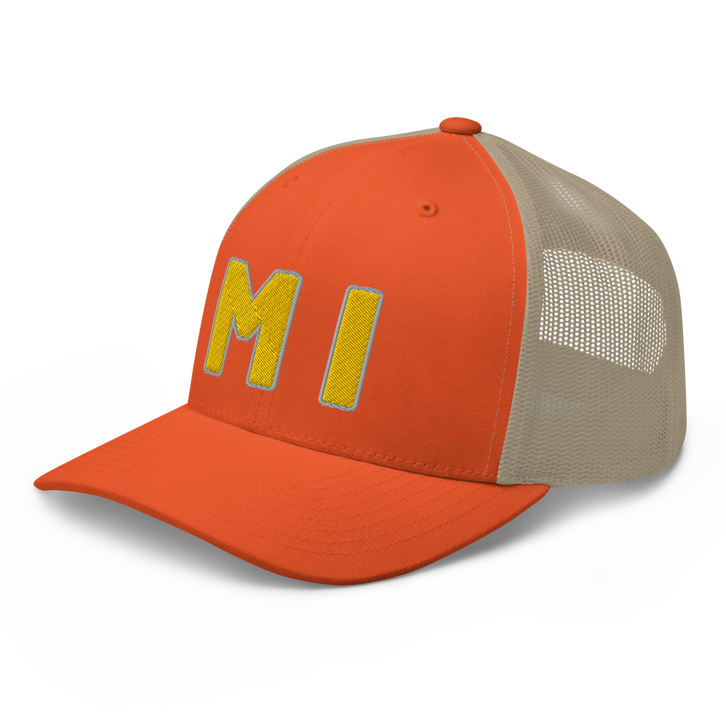 Michigan 'MI' Trucker Hat (1940s Baseball Font) | Gold Embroidery