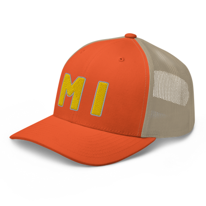 Michigan 'MI' Trucker Hat (1940s Baseball Font) | Gold Embroidery