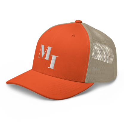 Michigan 'MI' Trucker Hat (Didone Logotype) | White/Navy Embroidery