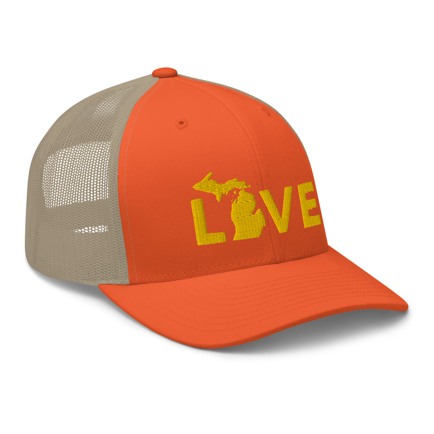 Michigan 'Love' Trucker Hat (Geometric Sans Font) | Gold Embroidery